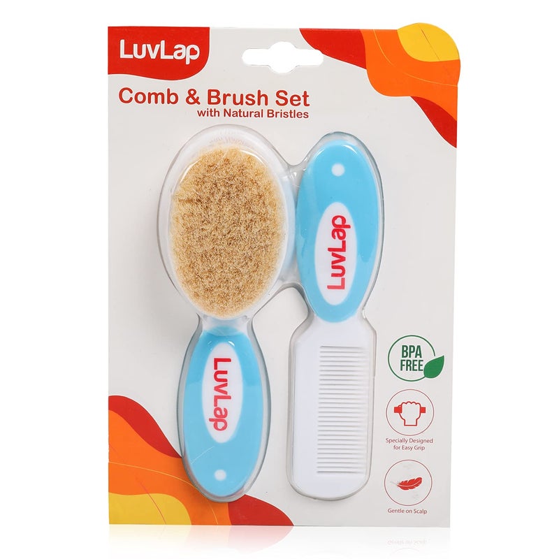 Luv Lap Baby Comb with Rounded Tips & Hair Brush with Natural Bristles for Better Protection of Scalp, White and Blue, 2 Count - Image 1